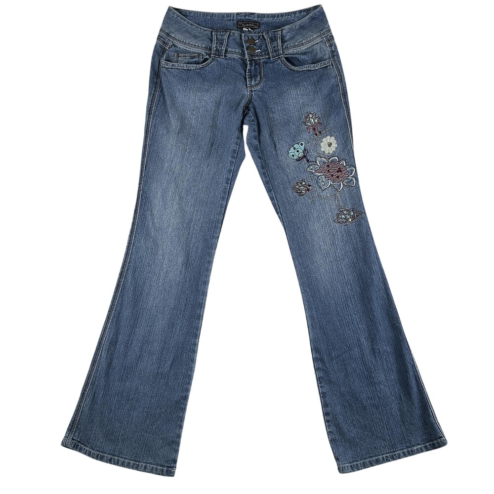 My Michelle Jeans Womens 3 Low Rise Bootcut Embroidered Floral Stretch Denim